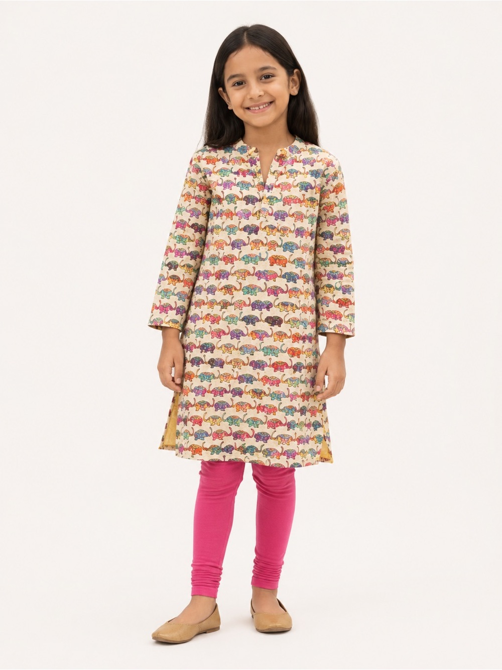 Lil Angels Elephant Print Kurta Dress Size 6 Cotton Cream Boho NWOT